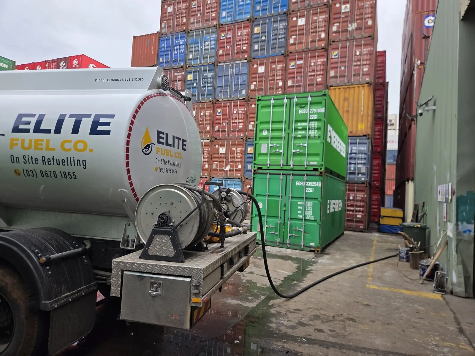 Elite Fuel Co. tanker on site — AdBlue delivered alongside diesel for Melbourne fleets