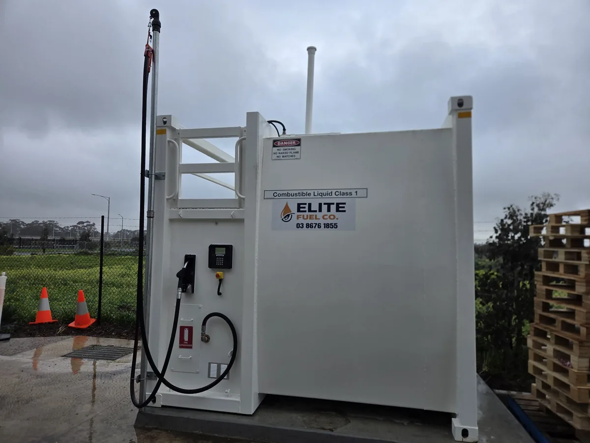 A 10,000L self-bunded Elite Fuel Co. diesel tank installed on a customer site, with dispensing nozzle and metered pump