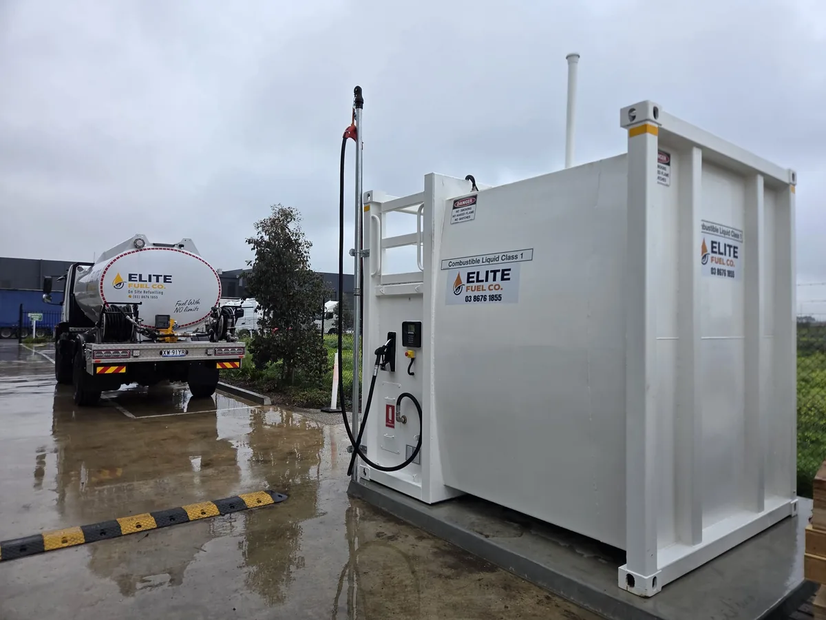 An Elite Fuel Co. tanker alongside a 10,000L on-site diesel storage tank at a Melbourne industrial site